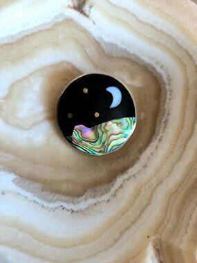 Vintage Abalone Shell and Mother of Pearl Round Brooch Pin with Moon and Earth